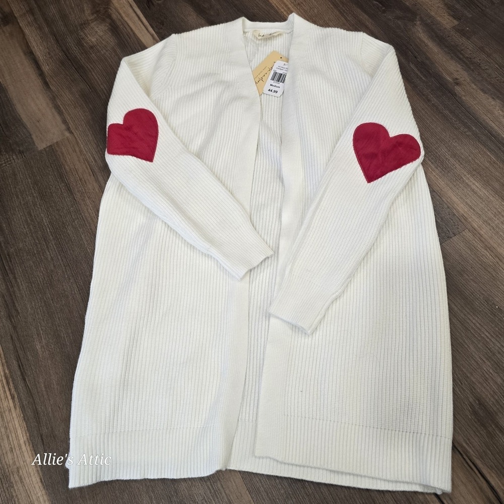 Womens Heart Cardigan Sweater Red White Valentines Day Winter Warm NWT Medium